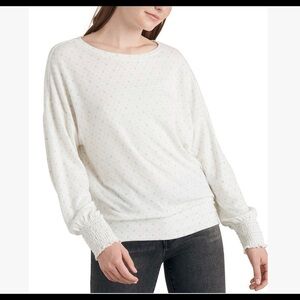 NWOT Lucky Brand Ivory Birdseye Long Sleeves Smocked  Cuff Blouse US M